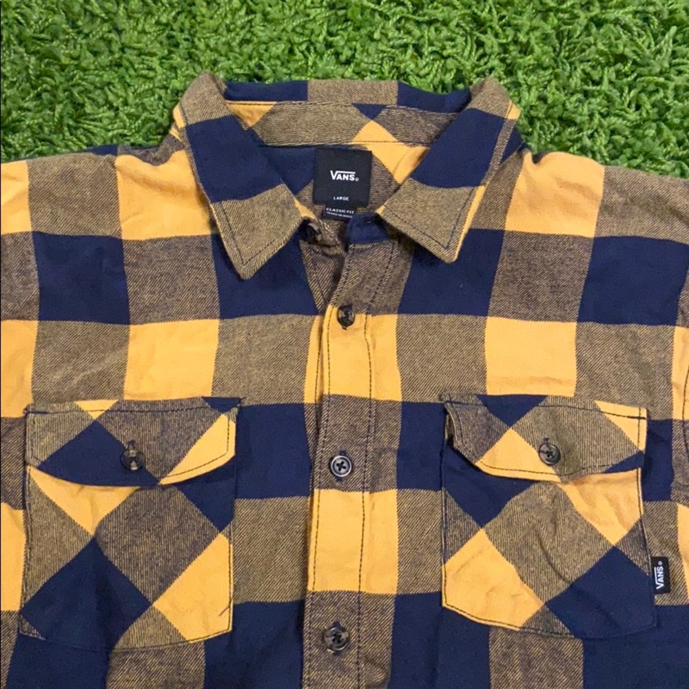 Gold and navy blue vans flannel
